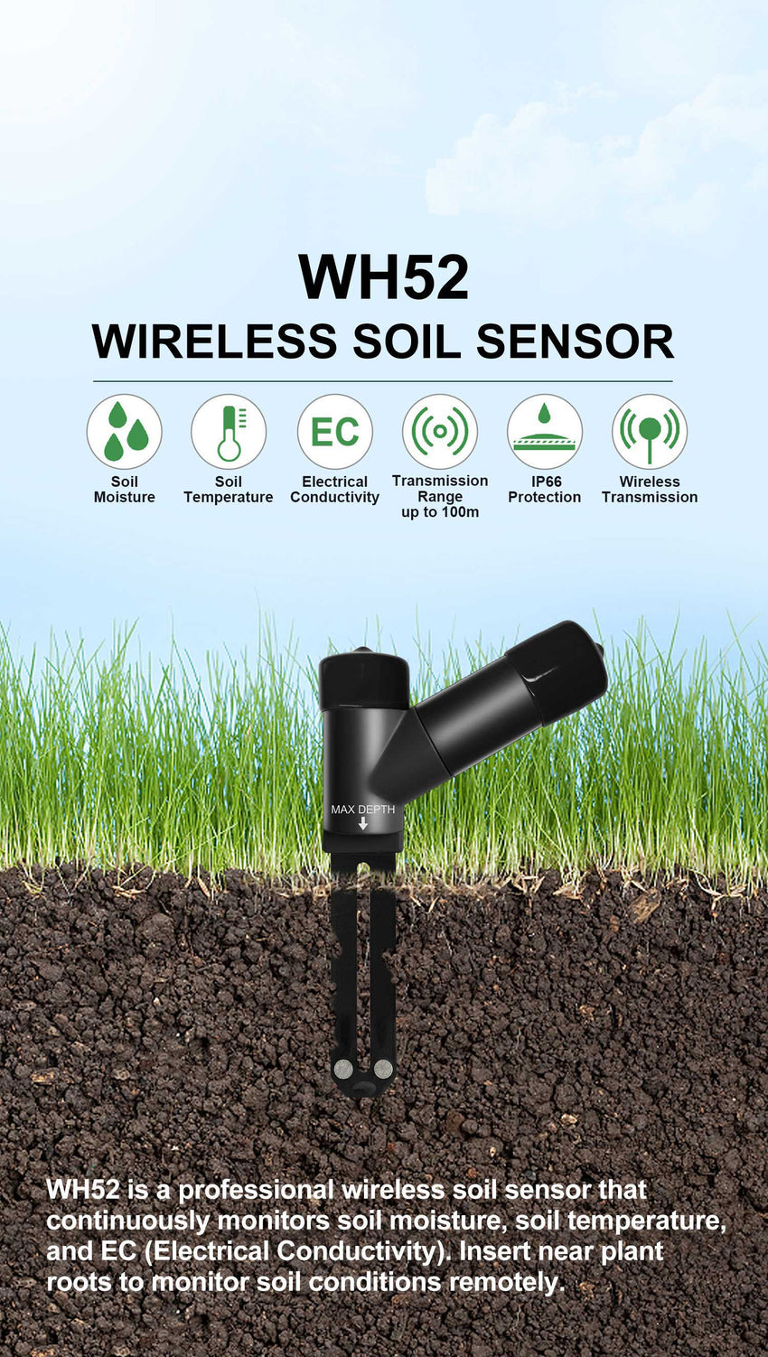 Misol WH52 soil sensor 433Mhz, soil moisture, soil temperature, soil EC, Soil Electrical Conductivity sensor