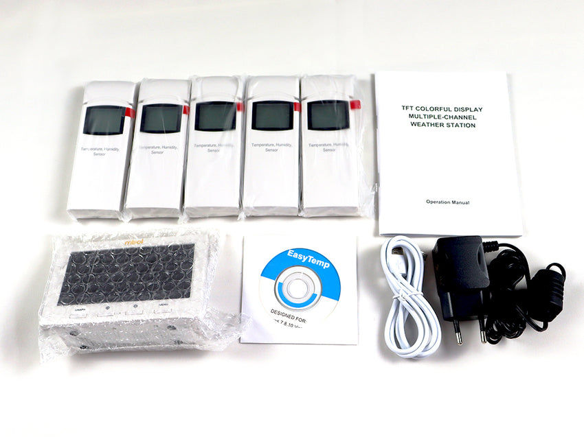 Wireless weather station with 5 sensors, 5 channels, color screen, data logger, connect to PC